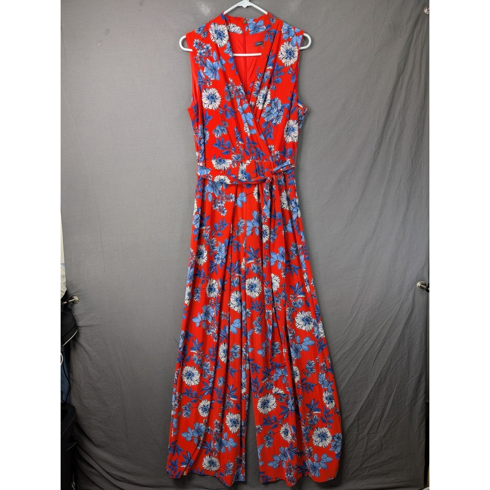 Tommy Hilfiger Red Floral Sleeveless Wide Leg Jumpsuit Size 8 Belted Wrap‎ Front